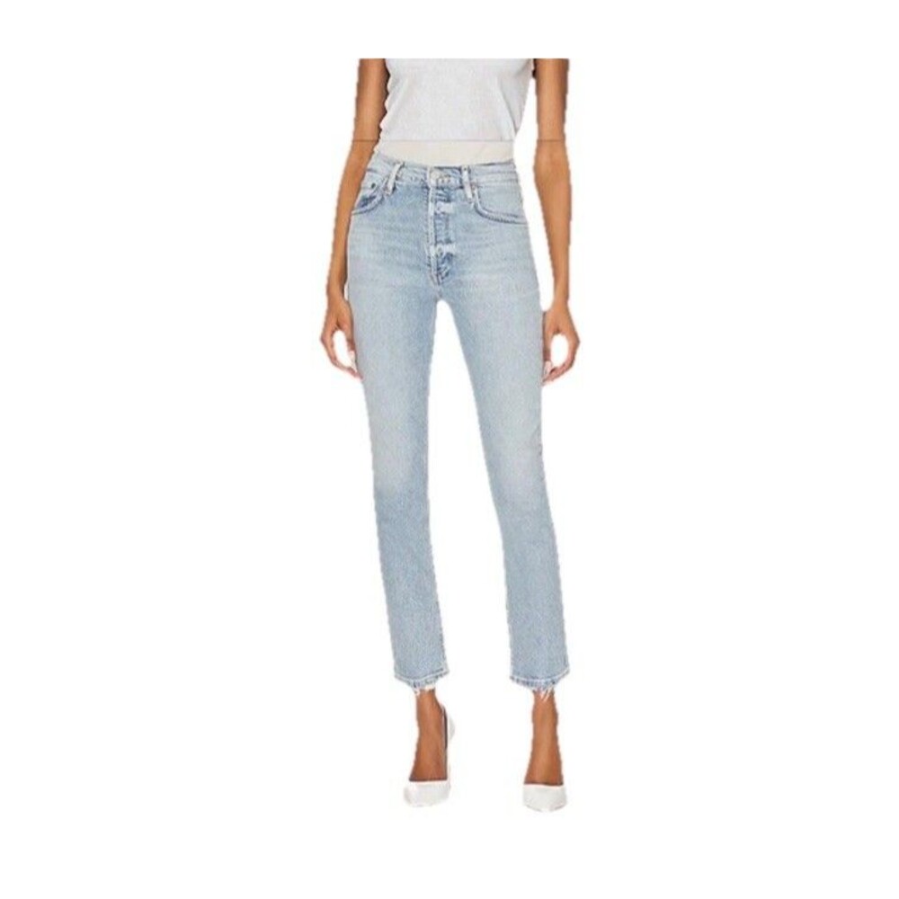 Agolde Fen Jeans Women Size 32 High Rise Button Fly Relaxed Tapered Blue Raw Hem